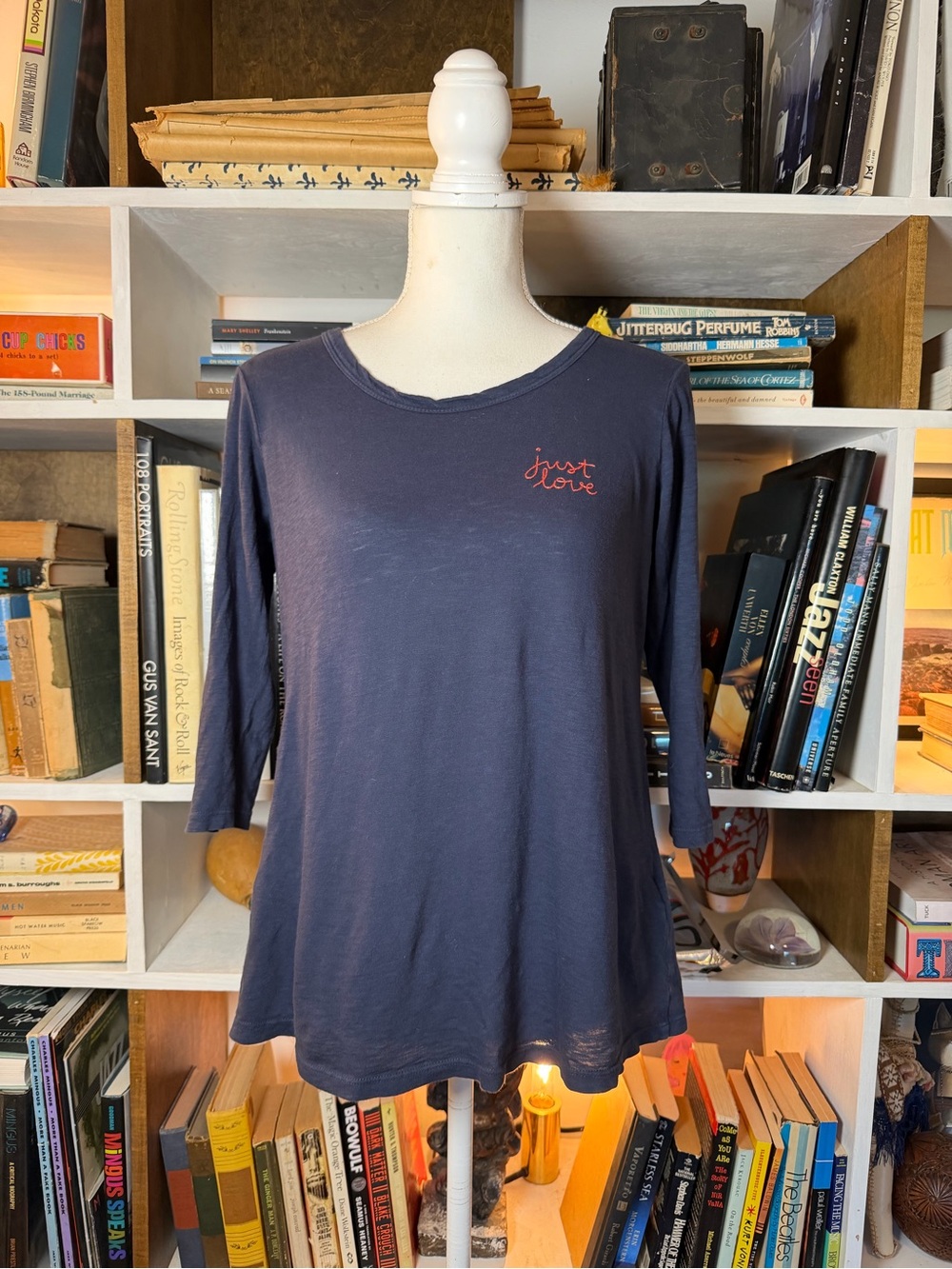 Sundry Navy Long Sleeve Tee with Red Embroidered 'Just Love'
